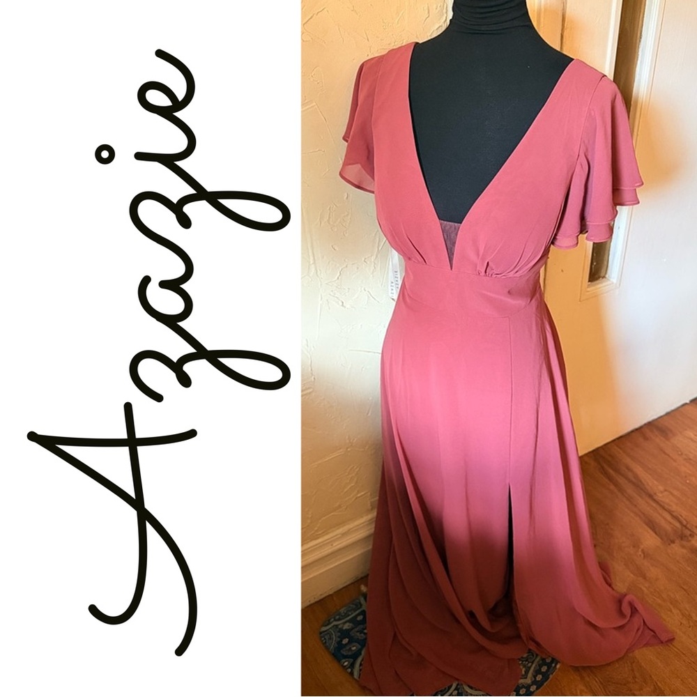 Azazie Rose-Mauve Backless V-Neck Flutter Sleeve Maxi Dress
